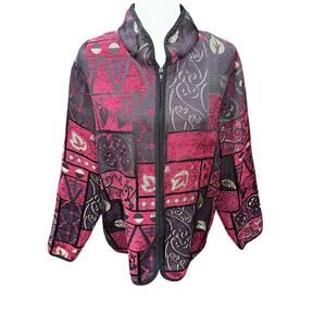 Mary McFadden Jacket Full Zip Tapestry Red  Chenille Abstract Ethnic Cultural 1X